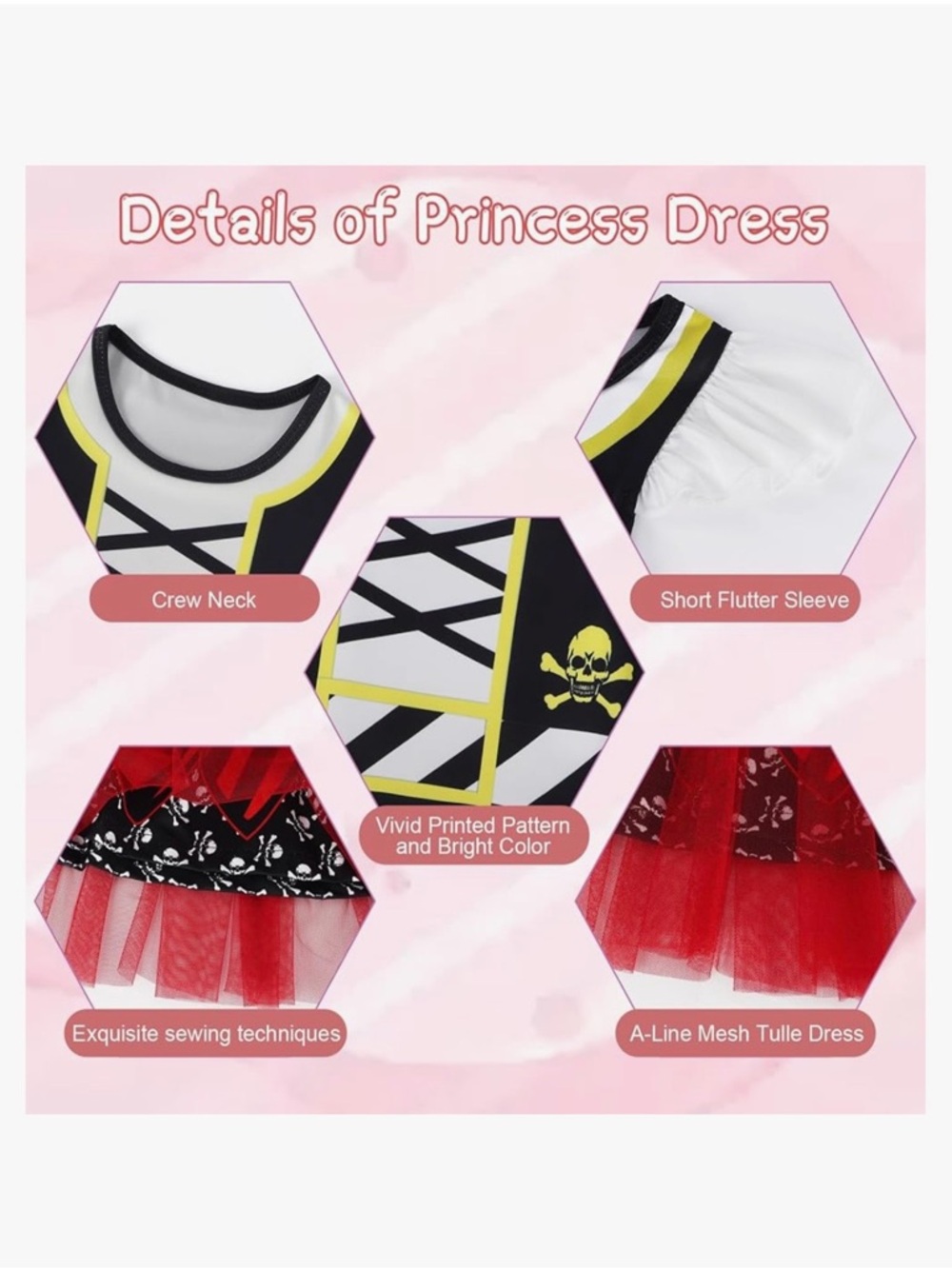 Girls Red and Black Pirate Costume Dress with White Puff Sleeves - Picture 2 of 2